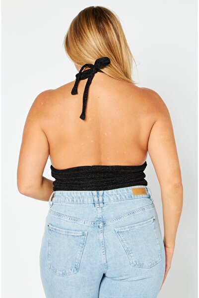 NA-KD Women Halter Neck Sleeveless Glitter Crop Top , Black