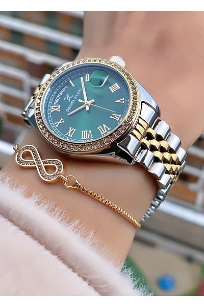 Daniel Klein Brand Yellow Silver Color Large Case Stone Women's Wristwatch - Bracelet