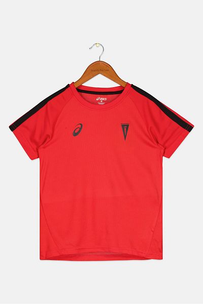 Asics Kids Boy Short Sleeve Brand Logo Training T Shirt, Red Combo