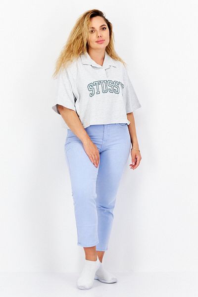 Stussy Women Spread Collar Neck Short Sleeves Embroidered Logo T shirt, Grey