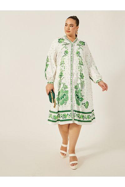 Styli Plus Size Printed Balloon Sleeves A-Line Midi Dress