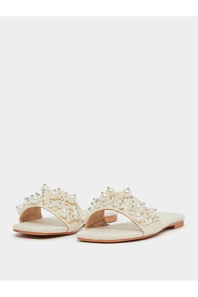 Styli Embellished Faux Pearl Flat Sandals