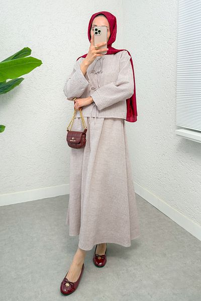 Salih Çelebi Bow Detailed Skirt Set 2290 - Stone Color