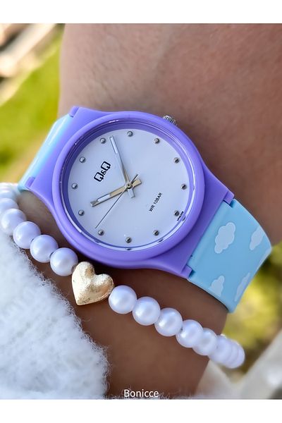 Q&Q 10 Bars Purple Glitter Dial - Wristwatch and Bracelet Gift for Girls' Pool and Sea Use