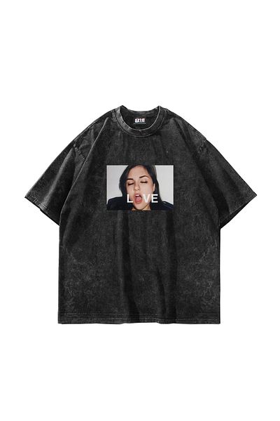 Sekizbiraltı Love Photo Printed Oversize Unisex Washed Μαύρο Tshirt