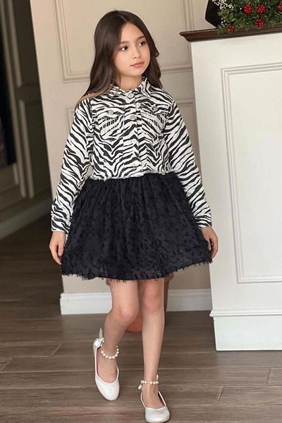Riccotarz Girl's Crew Neck Combed Cotton Suit - Zebra Patterned Jean Jacket with Black Skirt