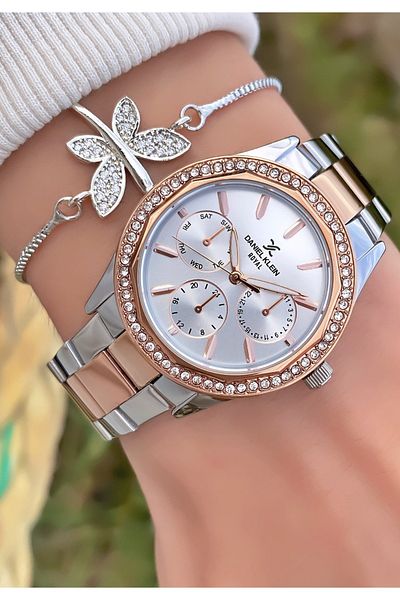 Daniel Klein Brand Rose Silver Color Large Case Women's Watch with Stones - Bracelet Gift