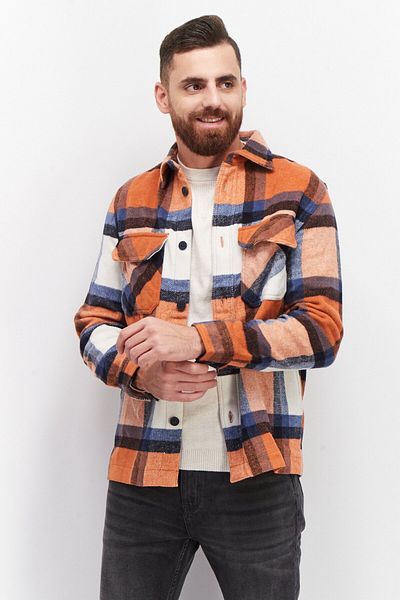 CELIO Men Spread Collar Long Sleeve Checkered Shirt Jacket, Orange/Blue Combo