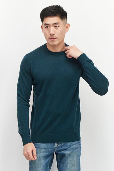 CELIO Men Crew Neck Long Sleeve Knitted Sweatshirts, Dark Green