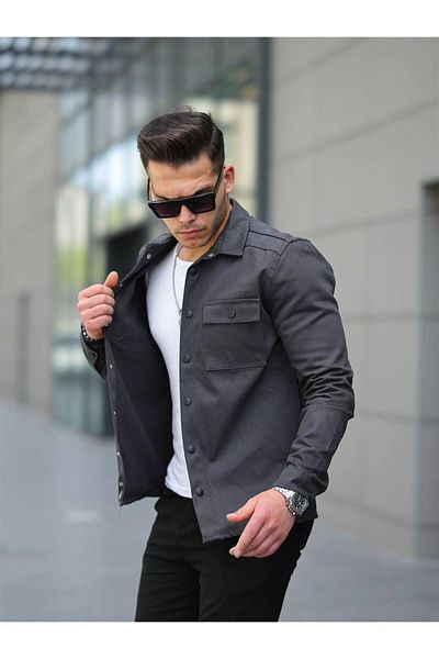 Pobudo Anthracite Color Double Pocket Men's Denim Shirt