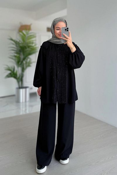 Ka Hijab Set cu pliuri strălucitoare - negru