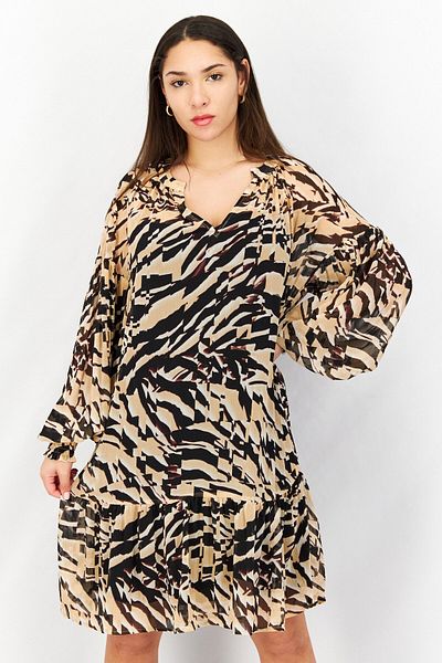 Esprit Women V-neck Long Sleeve Allover Printed Mini Dress, Brown Combo