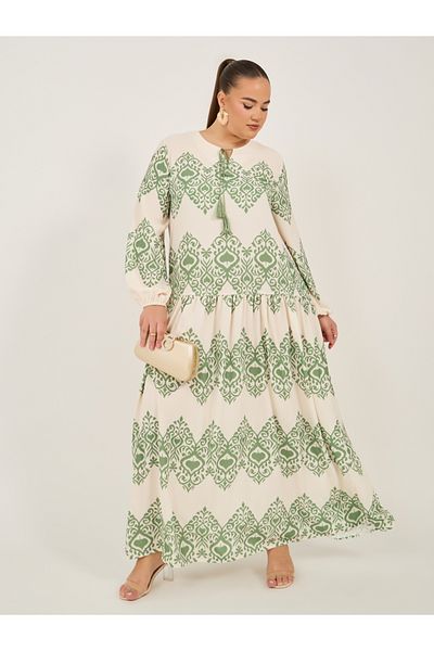 Styli Printed Balloon Sleeves A-Line Maxi Dress