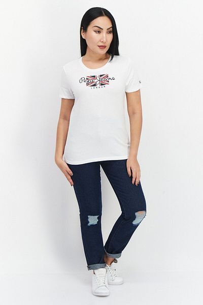 Pepe Jeans Women Crew Neck Short Sleeves Brand Logo T-Shirt, White