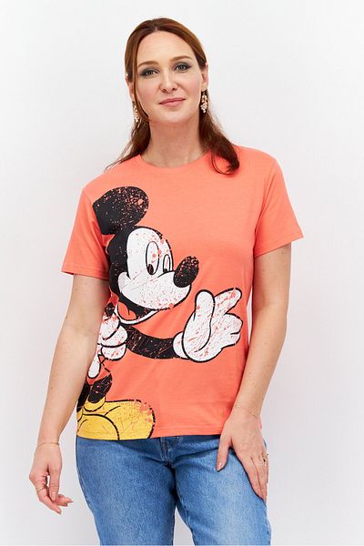 Mickey Mouse بلوزة نسائية بطبعة جرافيكية وأكمام قصيرة ورقبة دائرية، وردي
