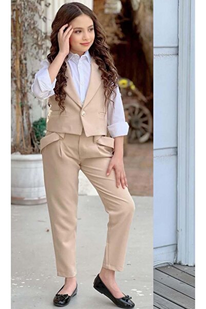 Riccotarz Κοριτσίστικο γιλέκο με ασημί κουμπιά με λεπτομέρειες Gabardine Λευκό πουκάμισο Κρεμ Σετ μπλούζα κάτω