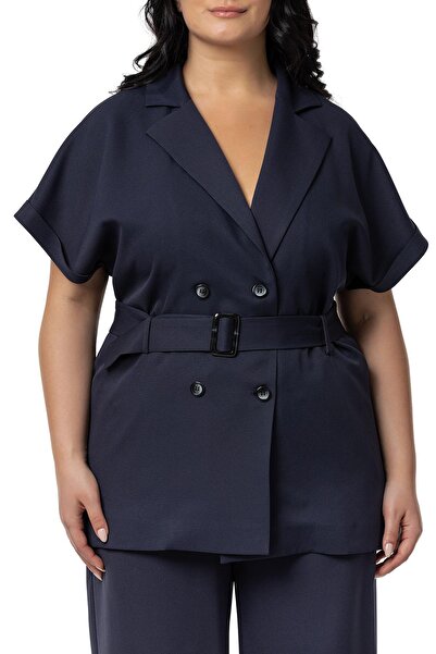 DISENTIS MODEST Σετ μπουφάν και παντελόνι με διπλό στήθος Navy Blue - Μισό μανίκι, ζώνη, Plus Size