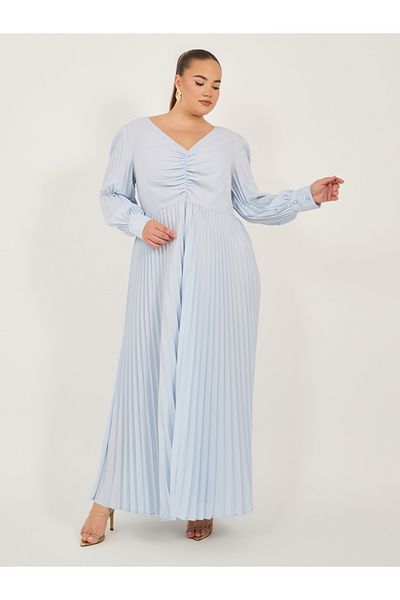 Styli Plus Size Pleated Long Sleeves A-Line Maxi Dress