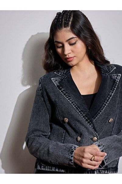 Sassafras By Styli Button Details Notch Collar Denim Crop Blazer