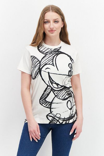 Disney Women Crew Neck Short Sleeve Mickey Mouse Print T-Shirts, Cream
