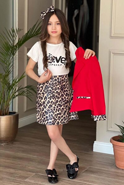 Riccotarz Girl's Love Text Print Blouse Leopard Detailed Red Blazer Jacket Leopard Detail Sequin Skirt Suit