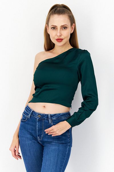 NA-KD Women Asymmetrical One Shoulder Sleeve Plain Top, Green