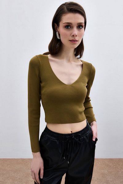 Sateen Tricotaj Crop cu decolteu în V - Verde Mucegai