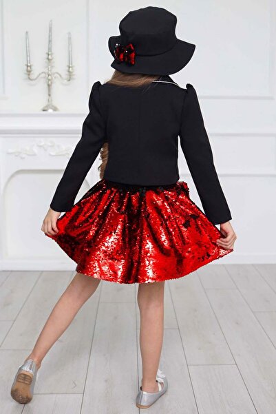 Riccotarz Kız Çocuk Kruvaze Yaka Kenarlar Taş Şerit İşlemeli Ceket Kırmızı Pullu Etekli Takım