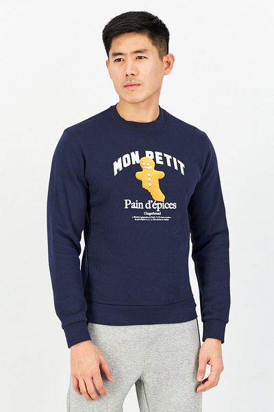 CELIO Men Round Neck Graphic Print Long Sleeve Sweatshirts, Navy Blue