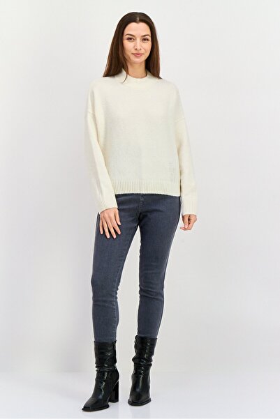 Pepe Jeans Women Mock Neck Knitted Long Sleeves Sweater, Ivory