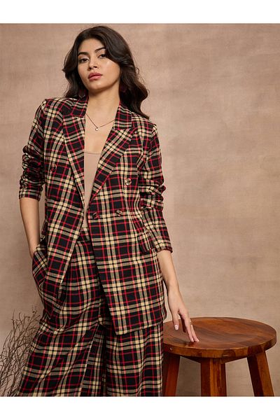 Sassafras By Styli Checked Double Breasted Notch Label Blazer