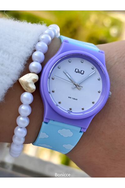 Q&Q 10 Bars Purple Glitter Dial - Wristwatch and Bracelet Gift for Girls' Pool and Sea Use