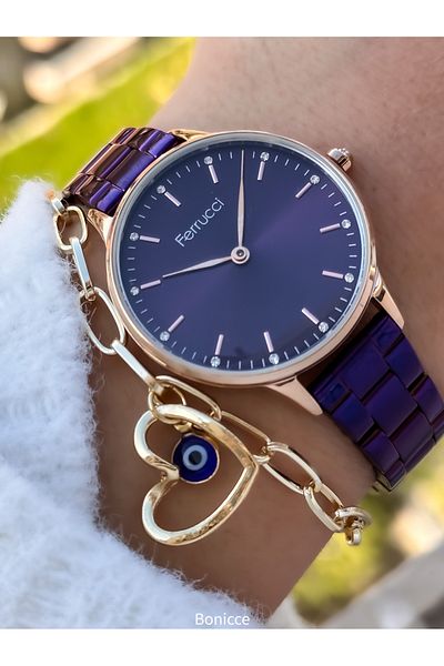 Ferrucci Brand Steel Cord, Stoned Stylish Dial, Waterproof, Purple Color Women's Wristwatch + Bracelet