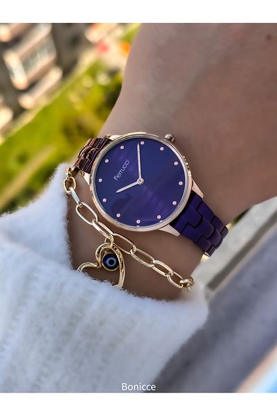 Ferrucci Brand Steel Cord, Stoned Stylish Dial, Waterproof, Purple Color Women's Wristwatch + Bracelet