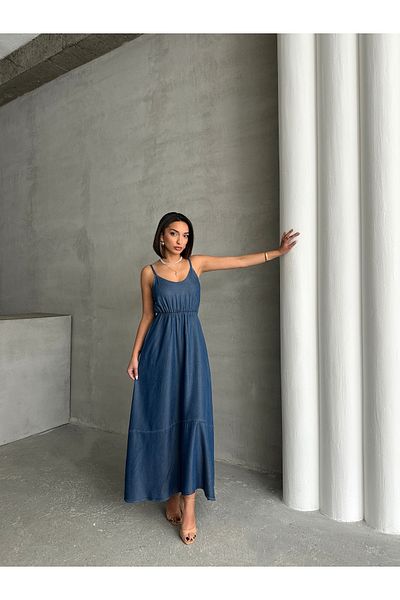 Miss Prova Thin Strap Talex Rubber Waist Long Summer Denim Dress Miss929