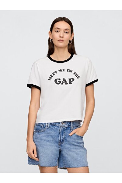 GAP Kadın Kırık Beyaz Logo Crop T-Shirt