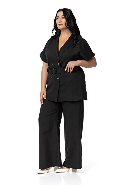 DISENTIS MODEST Half Sleeve Double-breasted Black Jacket and Pants Set - Plus Size with Belt