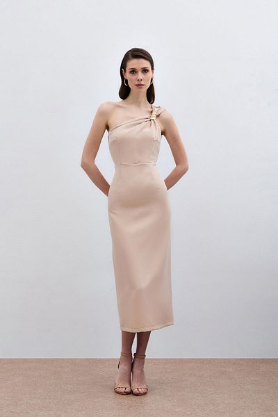 Sateen Beige Detailed Accessory Dress