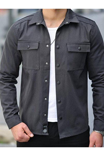 Pobudo Anthracite Color Double Pocket Men's Denim Shirt