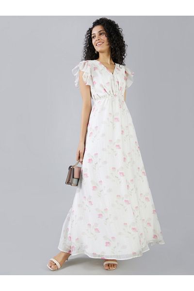 Mish By Styli Floral Print Frill Sleeve Gathered Waist Maxi Dress