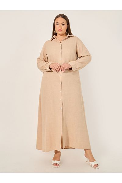 Styli Plus Size Roll-Up Sleeves Shirt Maxi Dress