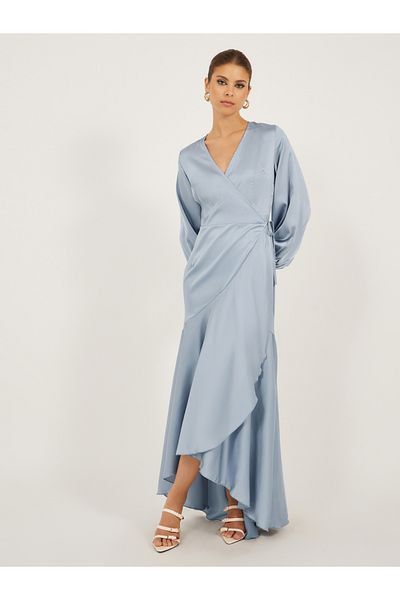 Styli Plain Asymmetric Hem Long Sleeves Wrap Maxi Dress