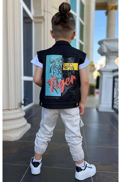Riccotarz Boy's Tiger Detailed T-Shirt Back Printed Sleeveless Black Jean Jacket Cargo Pocket Bottom Top Set