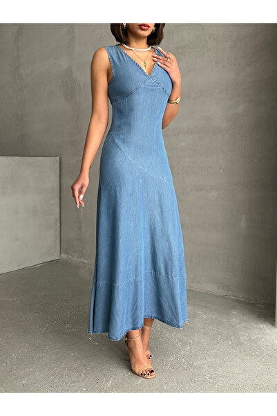 Miss Prova Καλοκαιρινό τζιν φόρεμα με λαιμόκοψη V με λουράκι MİSS934