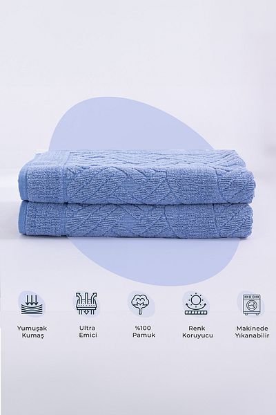 Homedius Bathroom Zigzag Patterned Ultra Thick Cotton Blue 2-Piece Foot Towel 50X70 cm