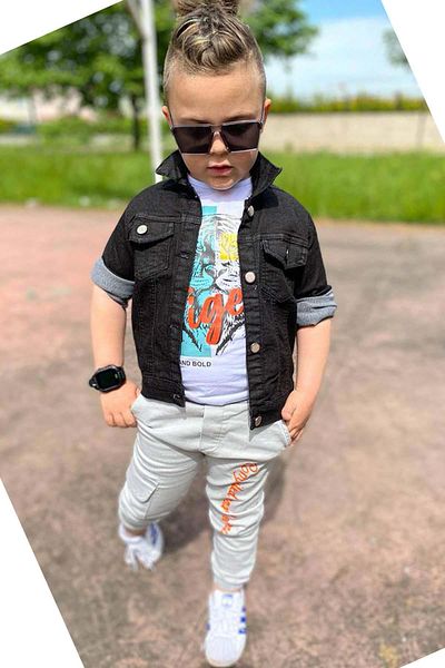 Riccotarz Boy's Tiger Detailed T-Shirt Back Printed Black Jean Jacket Cargo Pocket Bottom Top Set