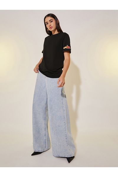 Take Two By Styli Round Neck Sleeve Embroidered Detail T-Shirt