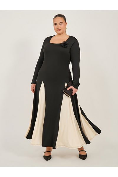 Styli Square Neck Color Block A-Line Maxi Dress