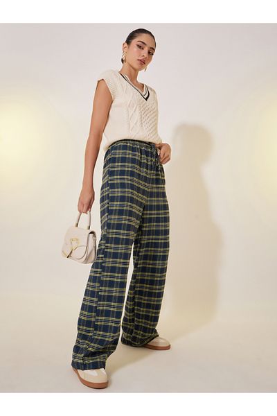 Styli Plaid Elastic Waist Straight Leg Pants