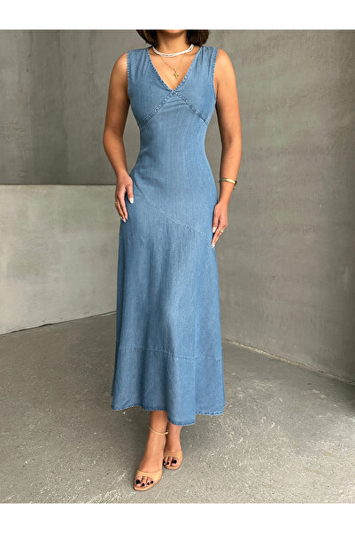 Miss Prova Καλοκαιρινό τζιν φόρεμα με λαιμόκοψη V με λουράκι MİSS934